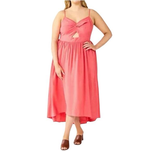 SOLD Nine West Twist Front High Low Midi Dress Pink Red A-Line Cutout Beachy XL - Picture 2 of 11